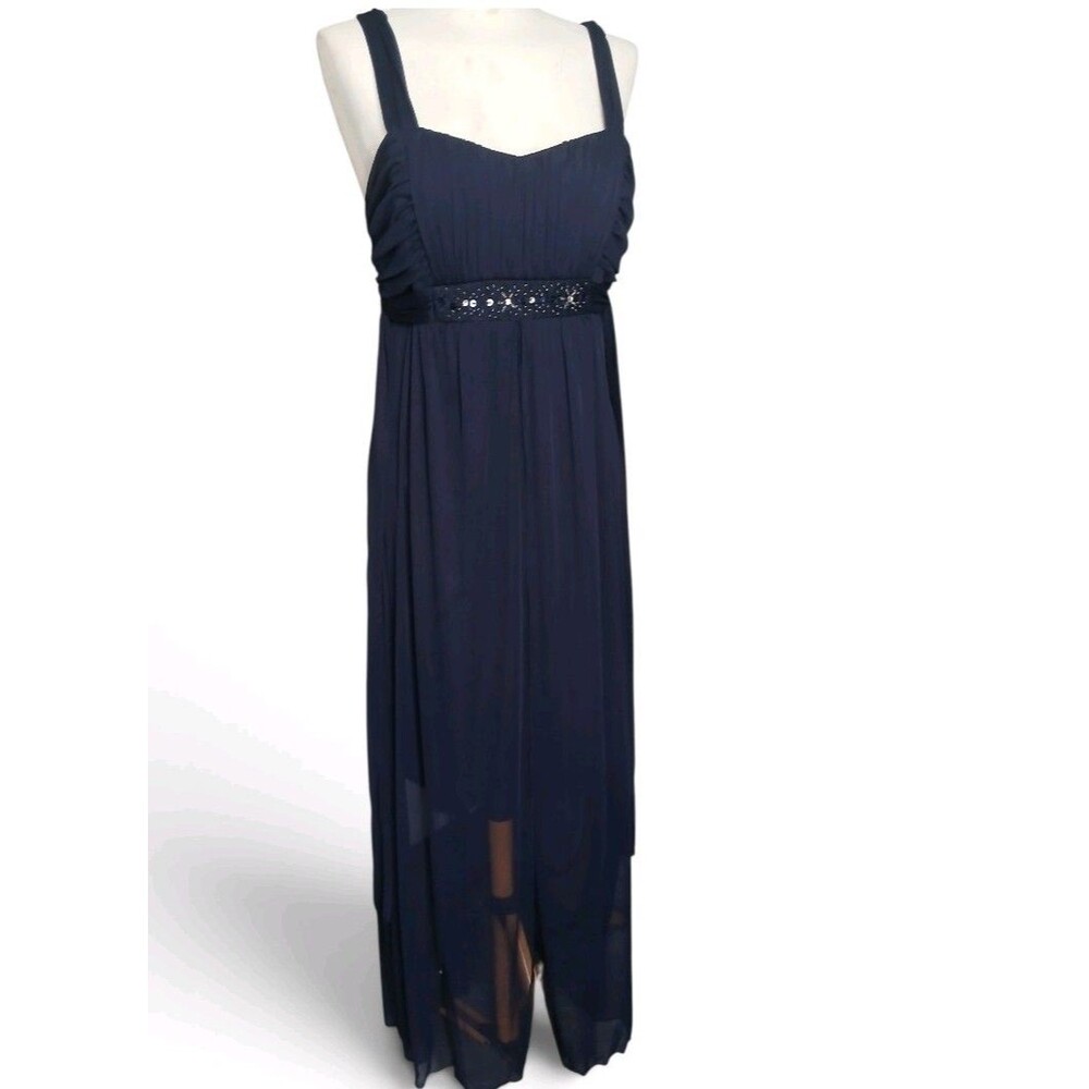 Connected Apparel Navy Empire Waist Beaded Chiffon Maxi Dress Women's Size 10